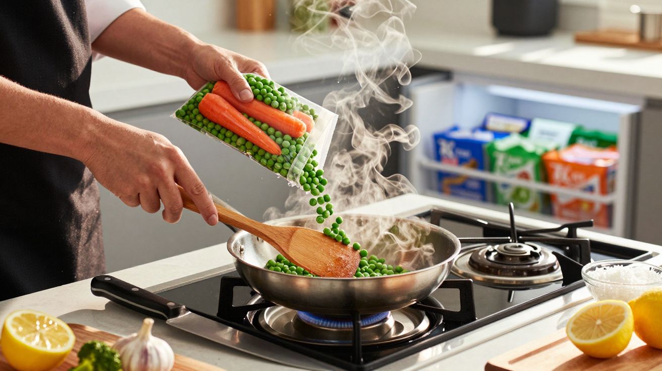 Person kocht auf einem Gasherd Erbsen und Karotten in einer Pfanne, Zitrone und Knoblauch daneben, im Hintergrund Vorratsrega