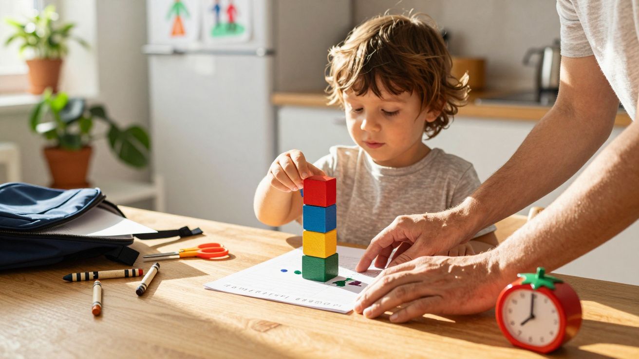 Kind stapelt bunte Bauklötze auf einem Tisch, helfende Hände daneben, sonniger Raum.