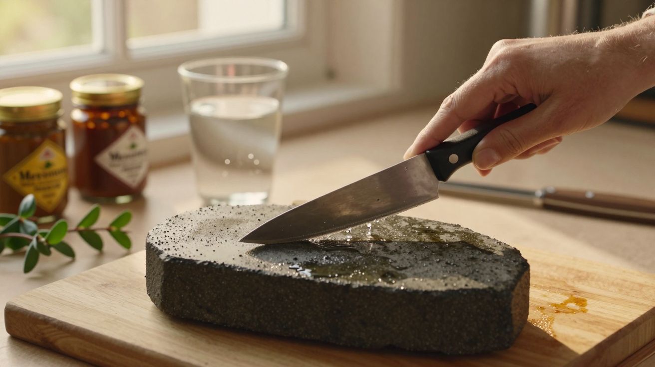 Hand schärft ein Messer auf einem nassen Schleifstein, daneben ein Glas Wasser und Honiggläser auf einem Holzbrett.