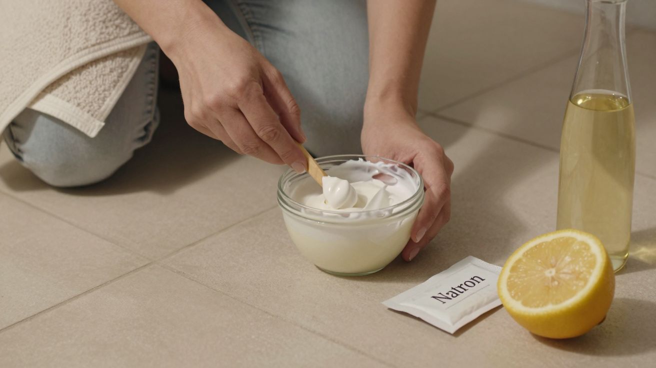 Hände mischen weiße Creme in einer Schüssel neben Zitrone, Natron und Öl auf hellem Boden.