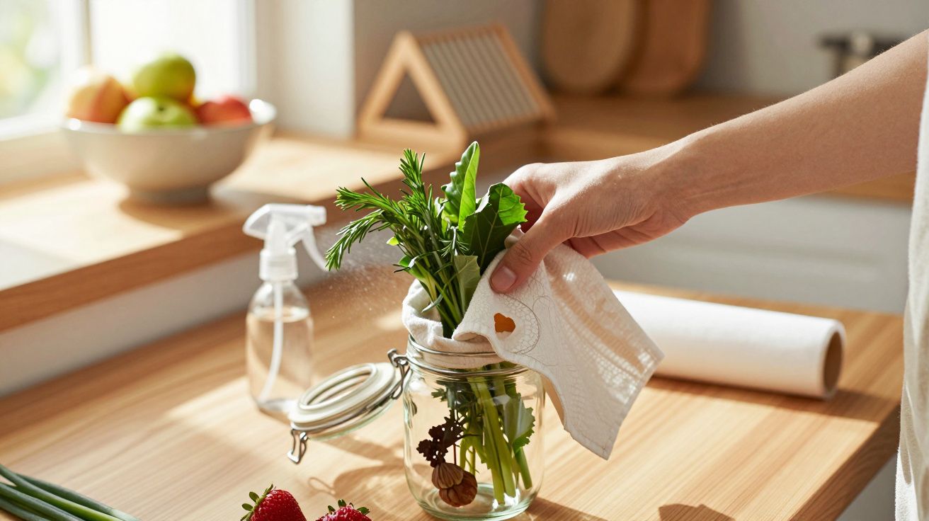 Hand legt Kräuter in ein Glas mit Wasser in einer hellen Küche, im Hintergrund eine Schüssel mit Obst und Küchenutensilien.