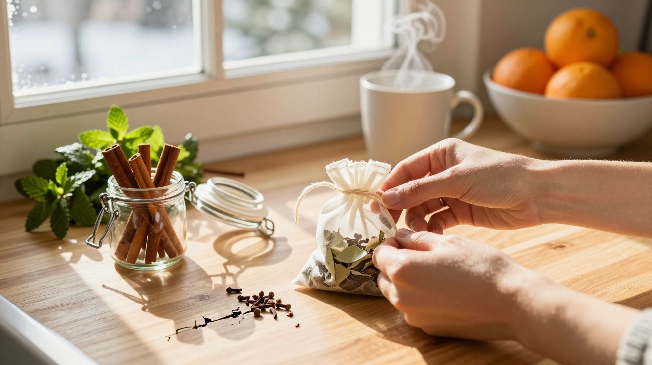 Hände halten Kräutersäckchen auf Holztisch, daneben ein Glas mit Zimtstangen, Nelken und Orangen am sonnigen Fenster.
