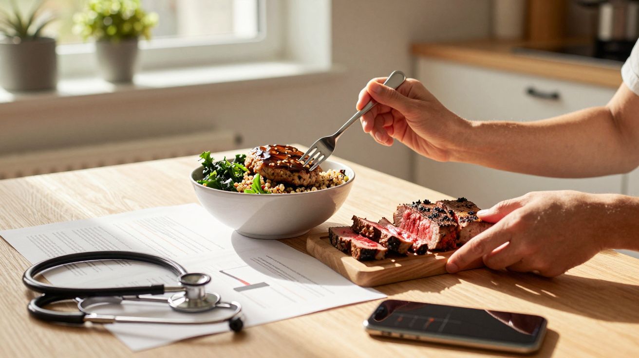 Person isst Salat mit Hühnerbrust, daneben geschnittenes Steak auf Holzbrett, Stethoskop und Handy auf Tisch.