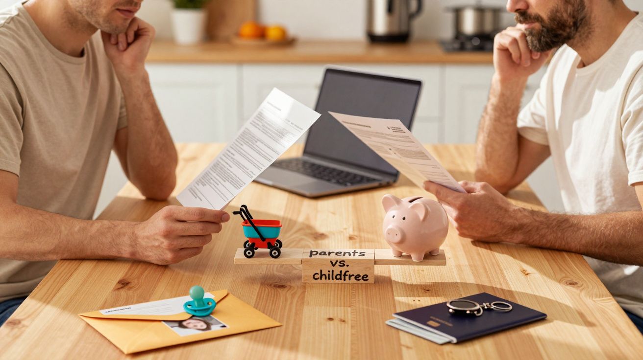 Zwei Männer vergleichen Dokumente am Tisch mit Spielzeugwagen, Sparschwein, Laptop und Schnuller.