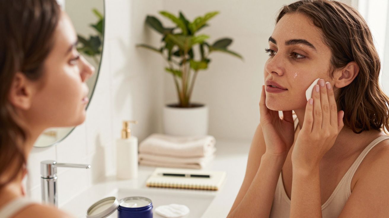 Frau reinigt Gesicht mit Wattepad vor dem Spiegel im Badezimmer, im Hintergrund Pflanzen und Handtücher.