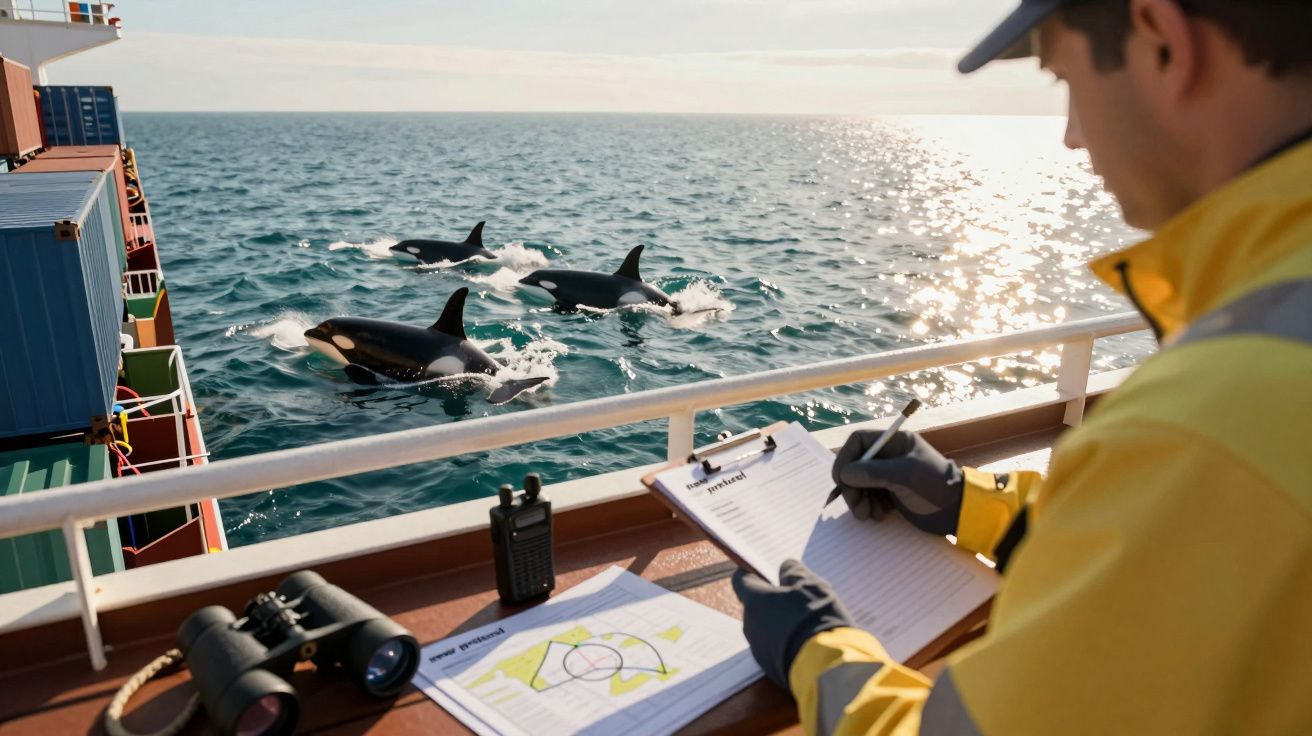 Ein Mann an Bord eines Schiffes beobachtet Orcas im Meer und macht Notizen; Fernglas und Funkgerät liegen daneben.