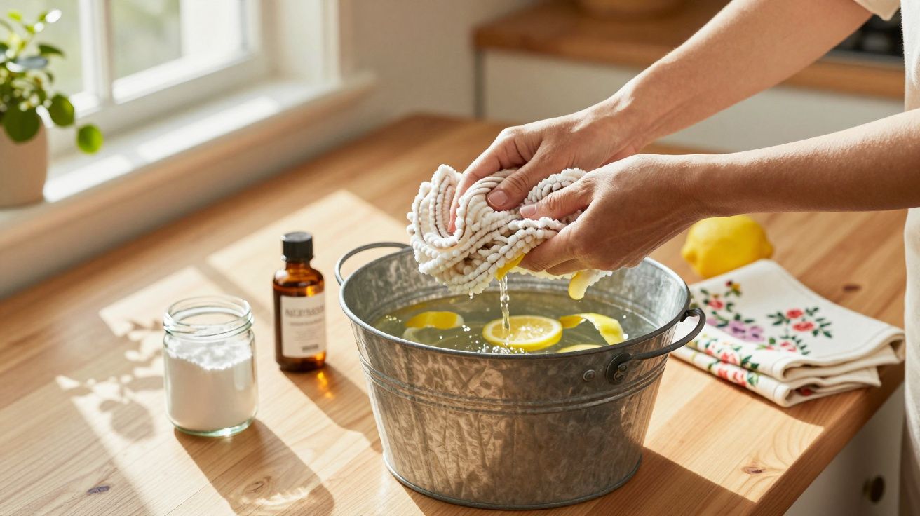 Hände wringen einen Lappen über einem Zinkeimer mit Zitronenwasser aus, auf einem Tisch liegen Natron und Tücher.