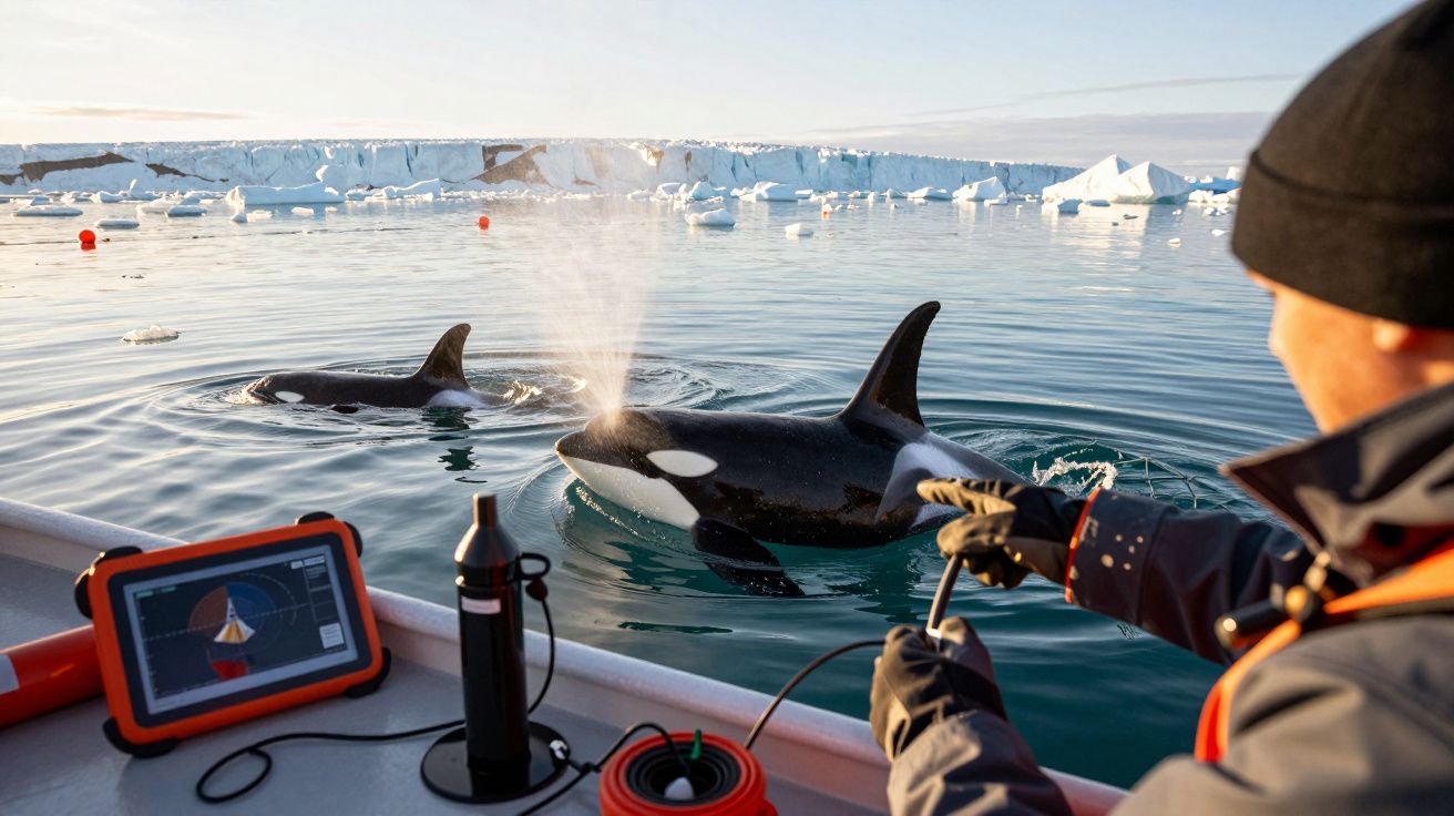 Forscher auf Boot beobachtet zwei Orcas im Wasser vor einer Eislandschaft, einer bläst Wasser fontänenartig aus.