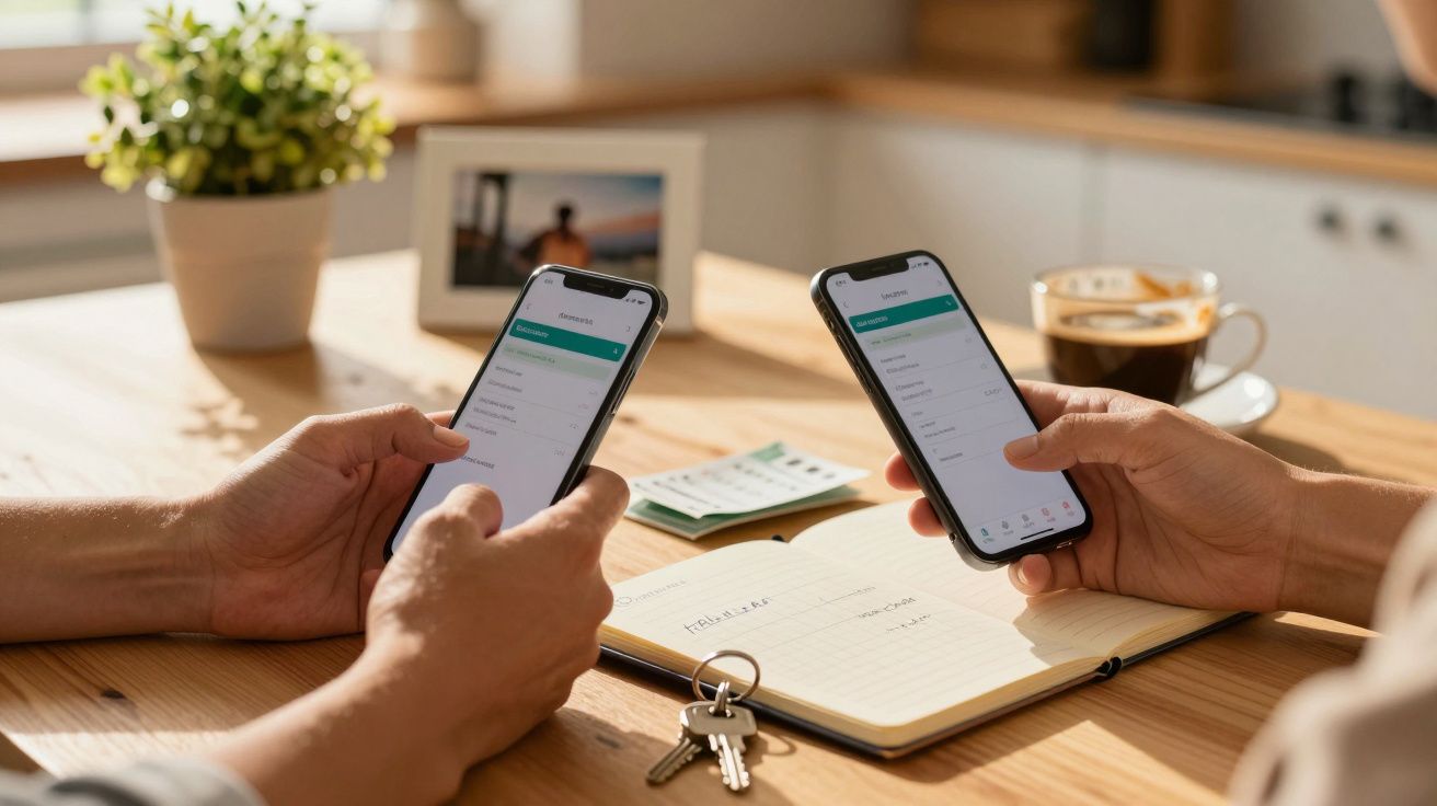 Zwei Personen halten Smartphones mit Finanz-Apps über einem Tisch mit Notizbuch, Schlüsseln und einer Tasse Kaffee.