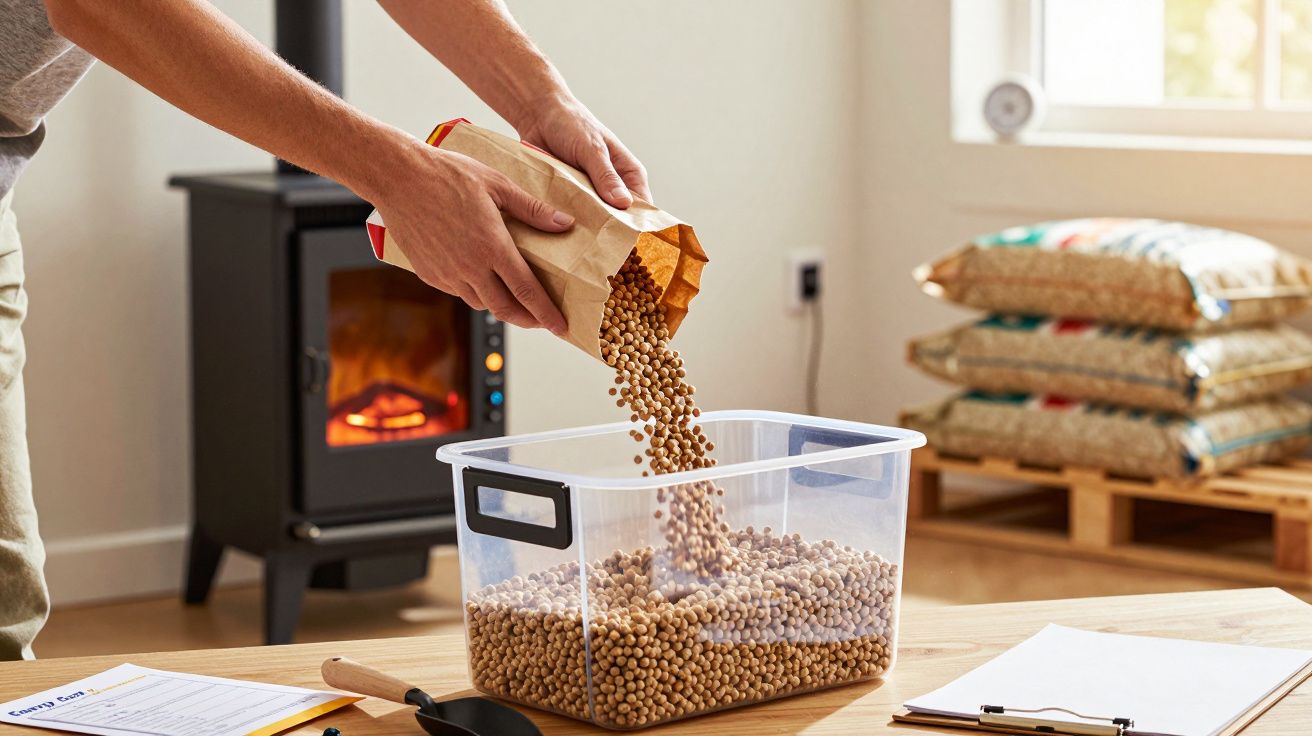 Person füllt Holzpellets aus einem Papiersack in einen Vorratsbehälter, im Hintergrund brennt ein Ofen.