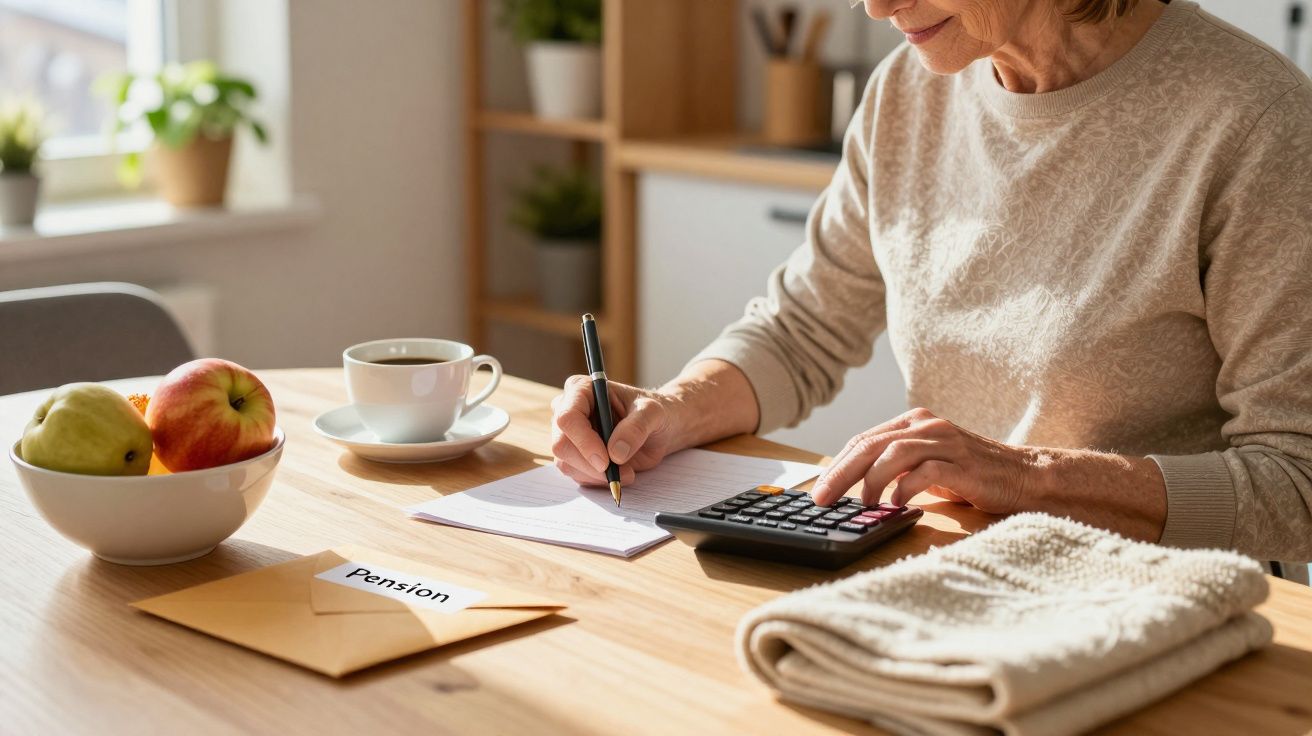 Ältere Frau berechnet Pension mit Taschenrechner, Notizblock und Kaffee auf einem Tisch.