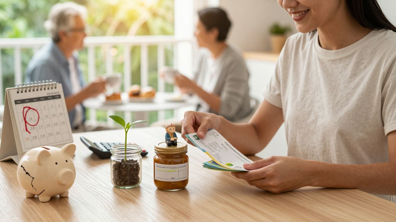 Frau prüft Rechnungen am Tisch mit Sparschwein, Kalender und Pflanzen, im Hintergrund älteres Paar beim Kaffeetrinken.