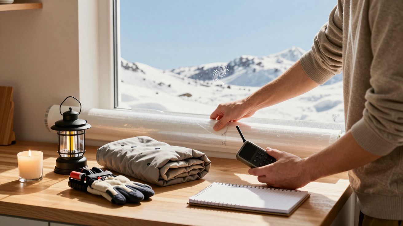 Person überprüft Temperatur am Fensterbrett mit winterlicher Bergkulisse; Notizbuch, Kleidung und Laterne sichtbar.