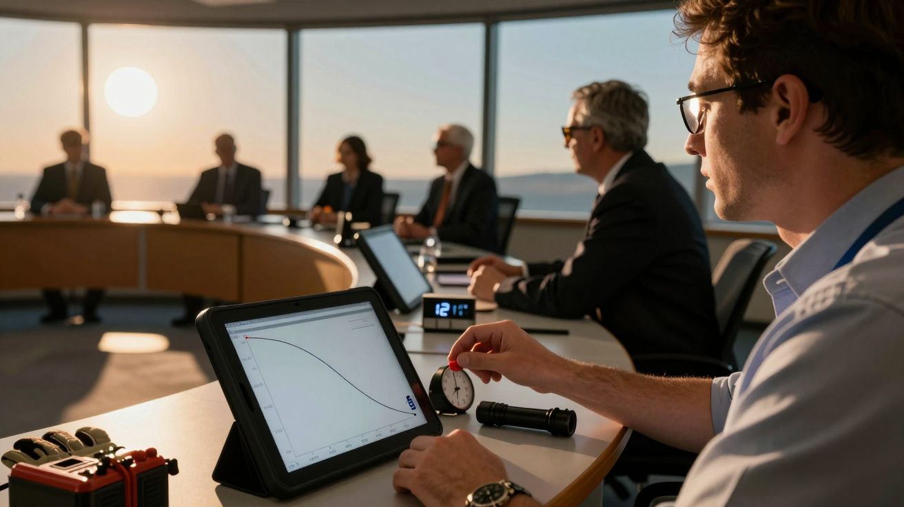 Personen bei einem Meeting an einem runden Tisch mit Tablets, dahinter ein Sonnenuntergang durch das Fenster sichtbar.