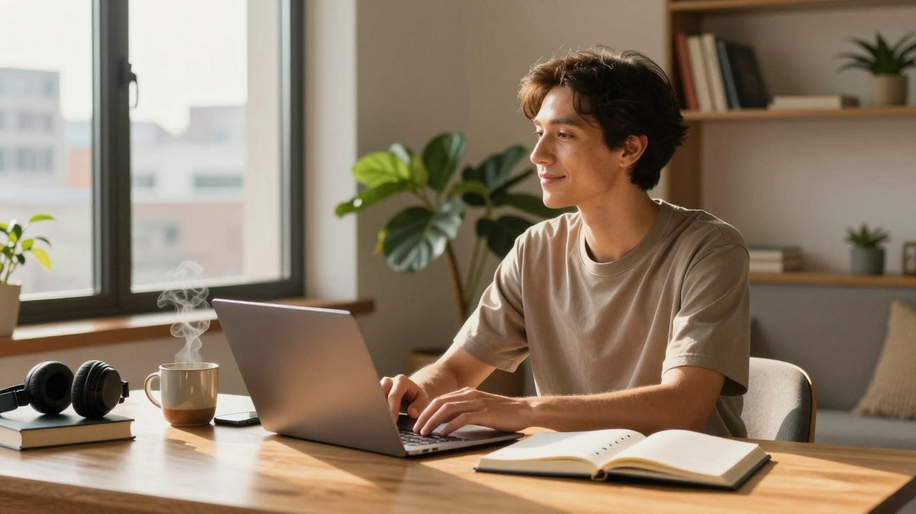 Junger Mann sitzt lächelnd am Schreibtisch, arbeitet am Laptop, Tasse neben ihm, Bücher im Regal, Pflanze am Fenster.