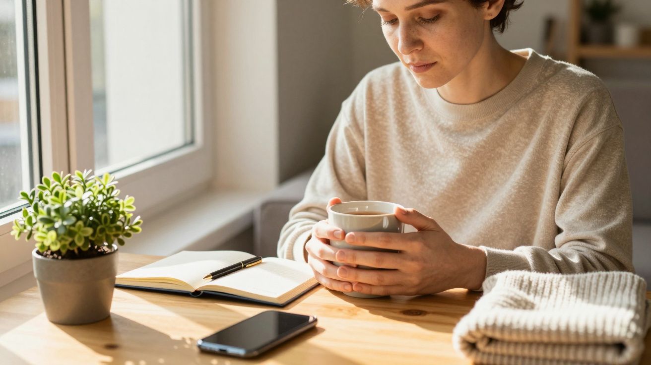 Person sitzt am Tisch bei Tageslicht, hält Tasse. Offenes Notizbuch, Smartphone und Topfpflanze daneben.