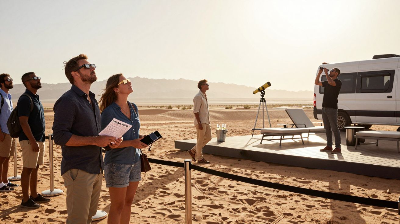 Mehrere Personen stehen in der Wüste und schauen in den Himmel, ein Mann fotografiert, ein Teleskop ist in der Nähe.