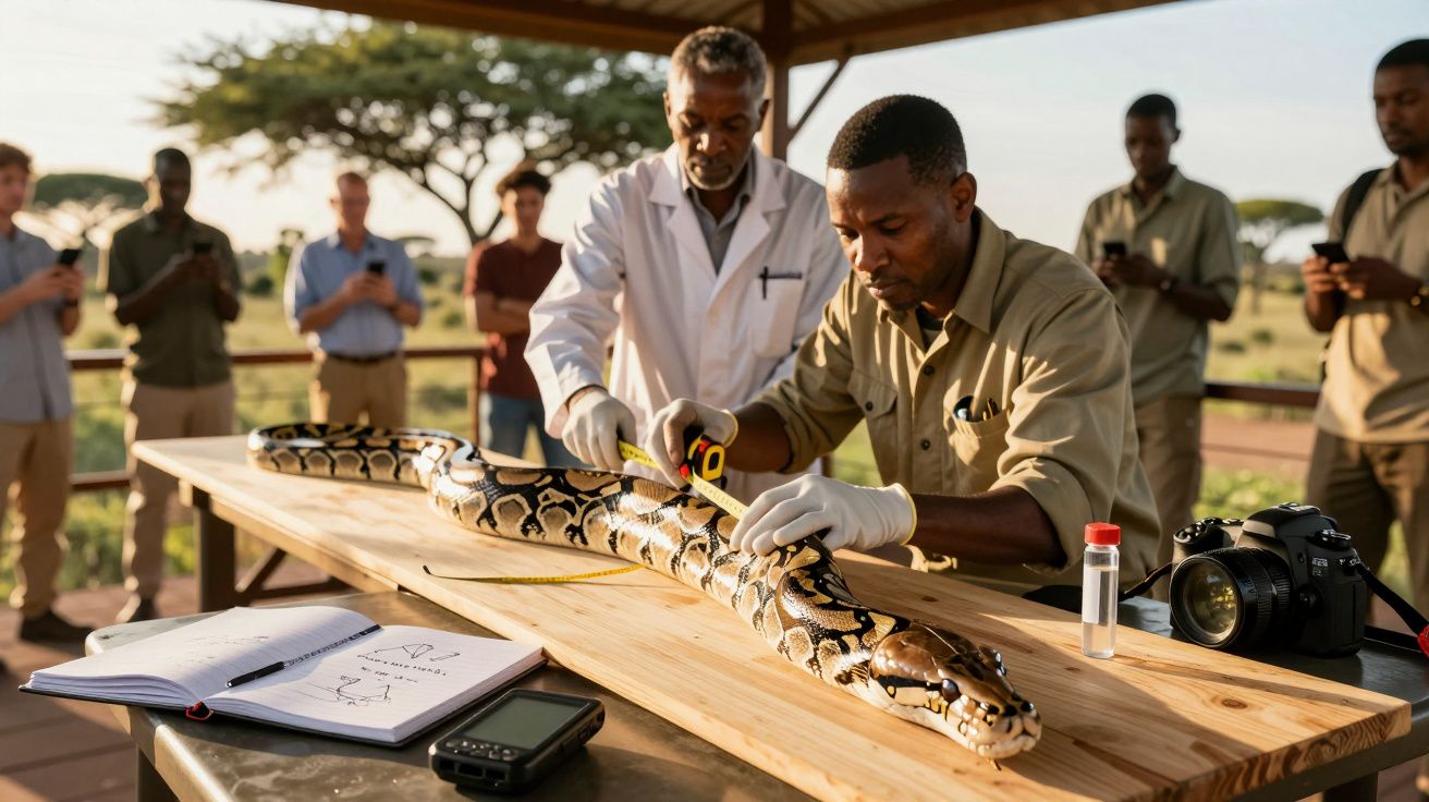 Wissenschaftler messen eine große Schlange auf einem Holztisch, umgeben von Zuschauern in einer Außenumgebung.