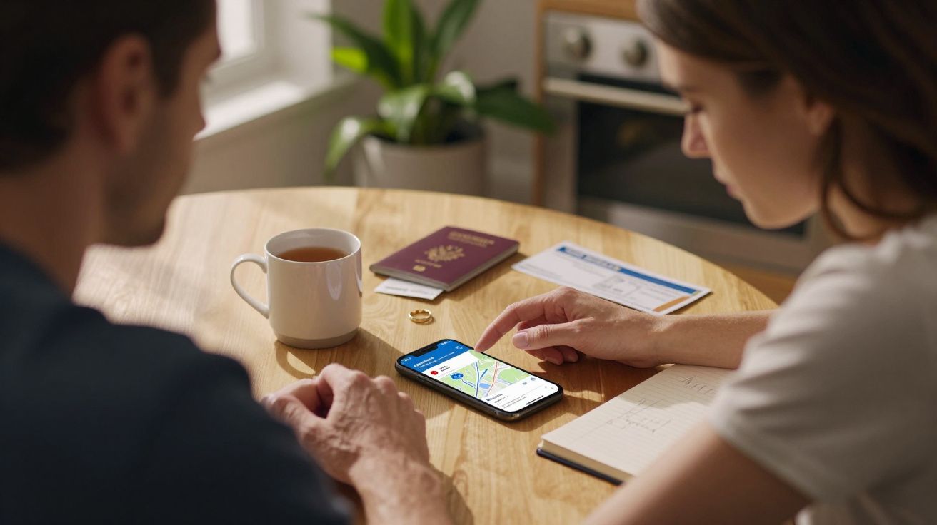 Zwei Personen planen eine Reise, zeigen auf eine Karte auf dem Smartphone. Auf dem Tisch: Pass, Tee, Tickets.