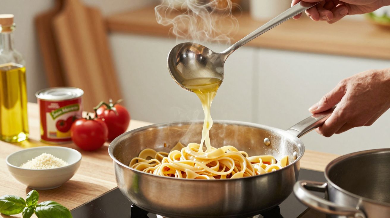 Pasta in Pfanne mit Gemüsebrühe, im Hintergrund Tomaten und Ölflasche auf Küchenarbeitsplatte.