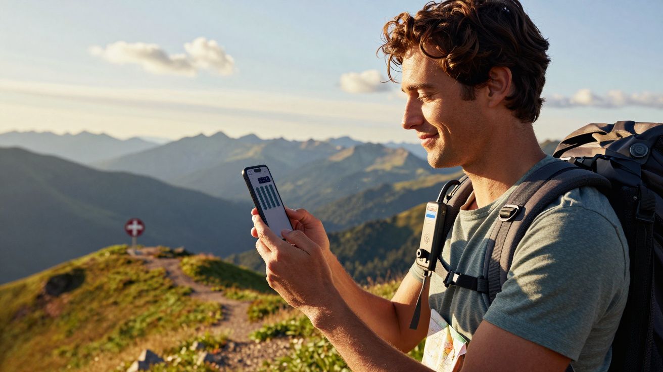 Mann wandert auf Bergpfad, schaut auf Smartphone, trägt Rucksack; sonnige Berglandschaft im Hintergrund.