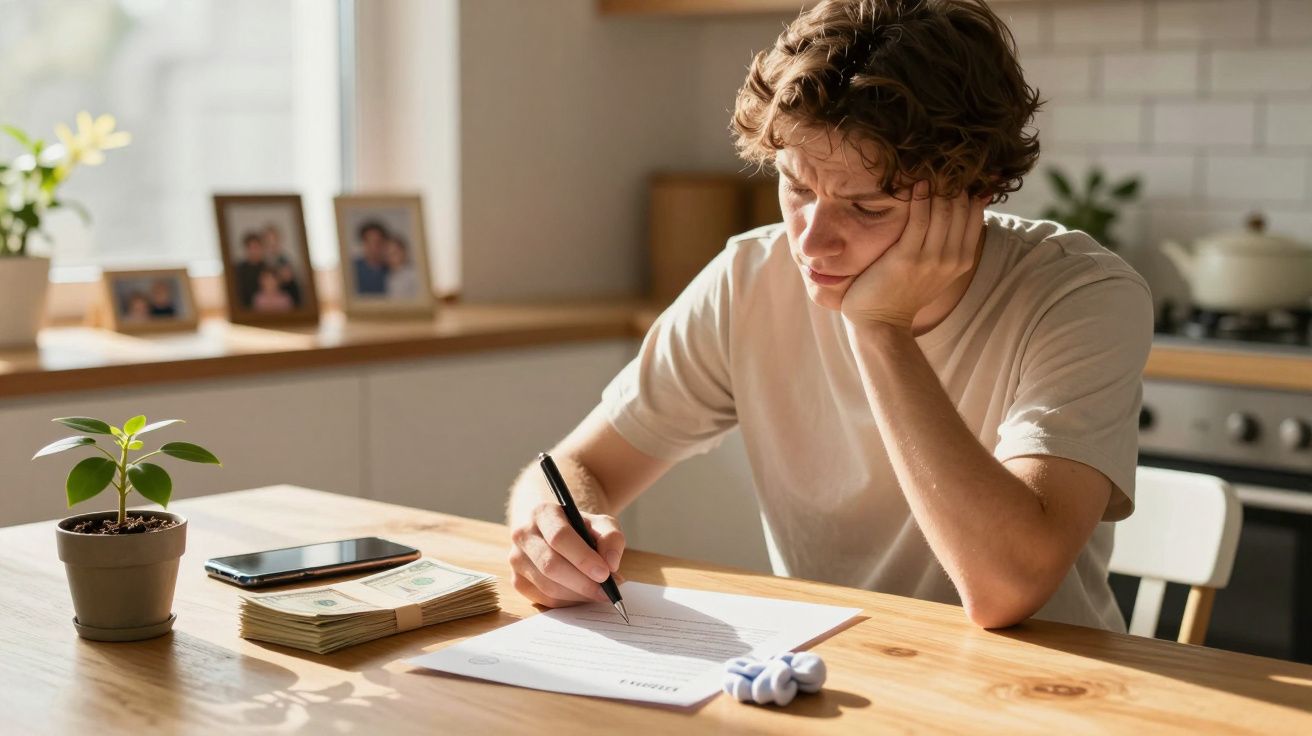 Junger Mann am Tisch schreibt nachdenklich auf Papier, umgeben von Geld, Handy und einer Pflanze.