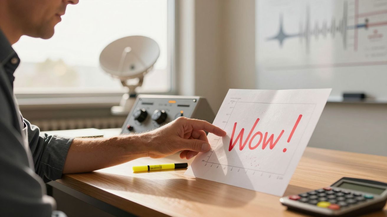 Person zeigt auf ein Diagramm mit „Wow!“ Schriftzug, im Büro mit elektronischen Geräten, Taschenrechner auf dem Tisch.