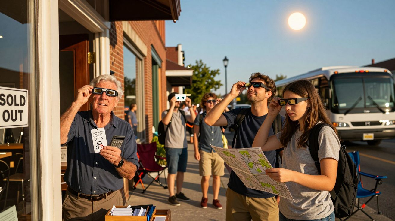 Leute mit Spezialbrillen beobachten eine Sonnenfinsternis in einer Stadtstraße, eine Person hält eine Karte.