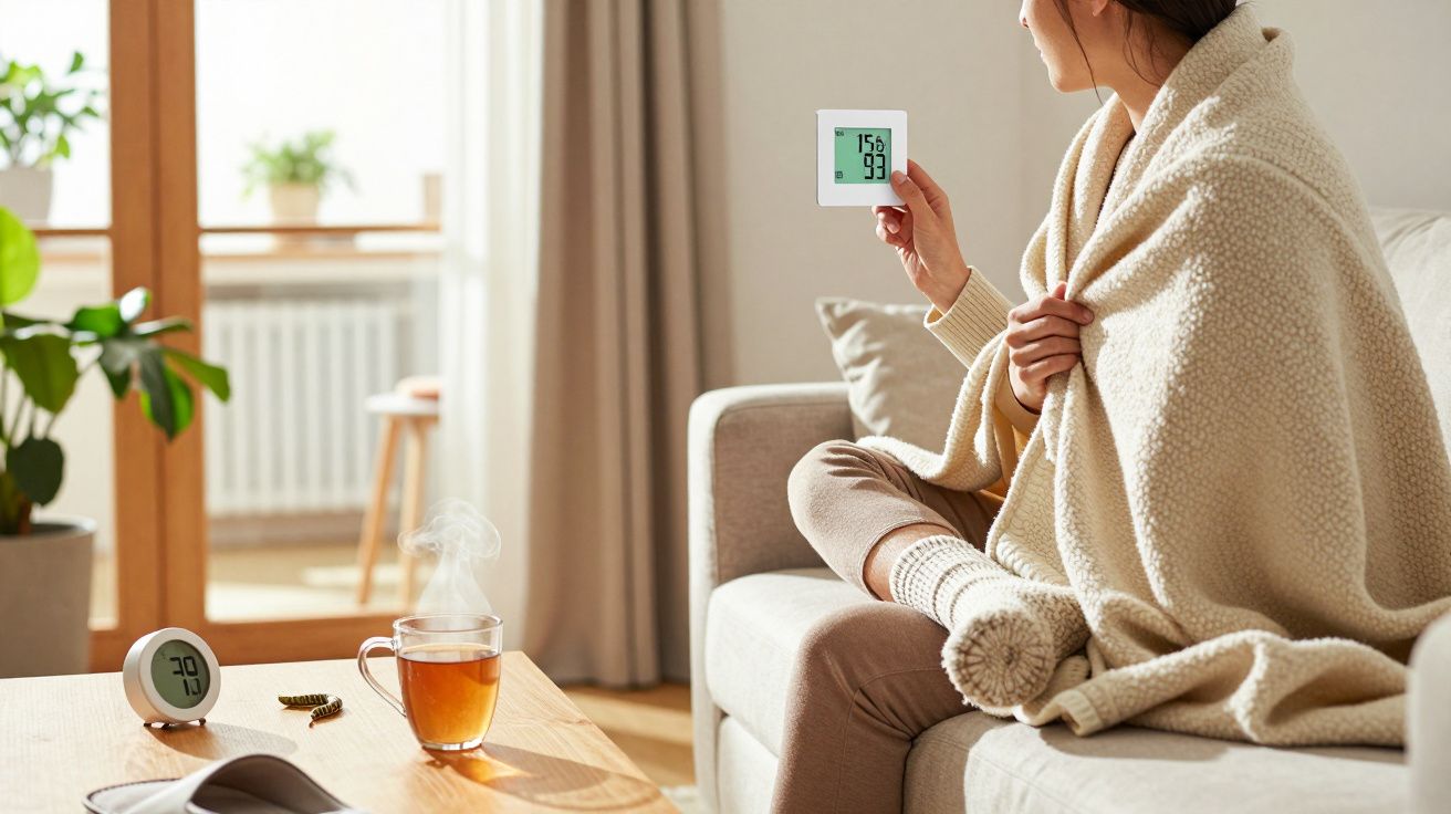 Frau in Decke eingehüllt, hält Thermometer, sitzt auf Sofa. Tee auf Holztisch, Zimmerpflanzen und Timer im Hintergrund.