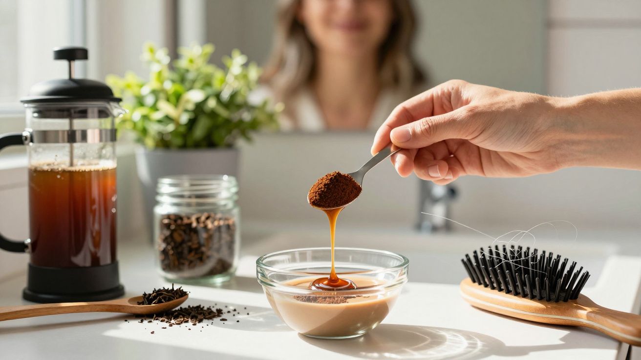Nahaufnahme einer Hand, die Kaffeepulver in eine Schüssel mit Honig gibt, neben einer Kaffeepresse und Bürste.