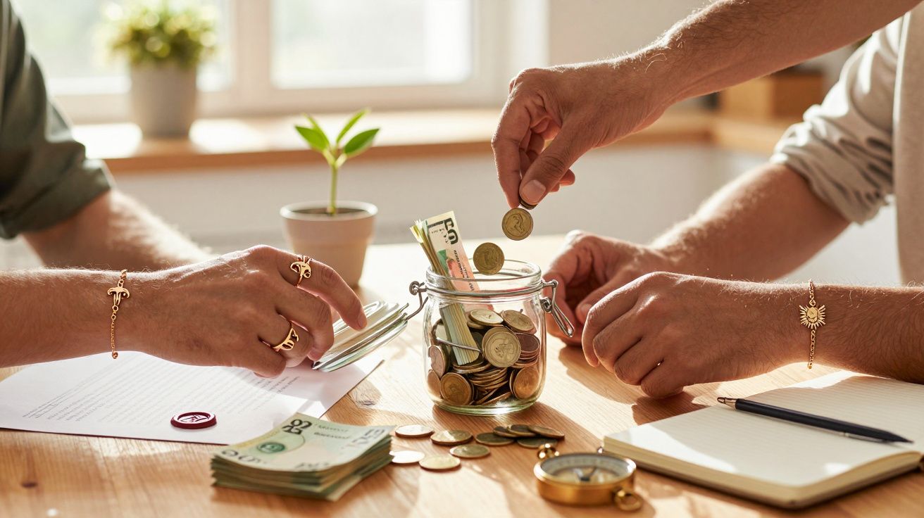 Hände legen Münzen und Scheine in ein Glas auf einem Tisch, neben Dokumenten, Pflanze und Kompass.