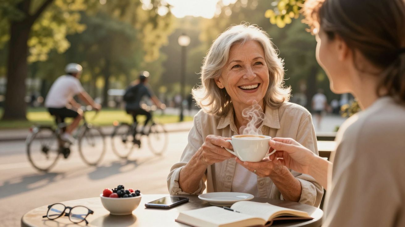 Ältere Frau trinkt Kaffee und lacht mit einer Freundin im Freien, während im Hintergrund Radfahrer vorbeifahren.