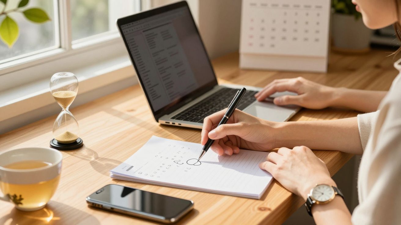 Person schreibt auf einem Notizblock am Schreibtisch neben Laptop und Smartphone, Sanduhr und Kalender im Hintergrund.