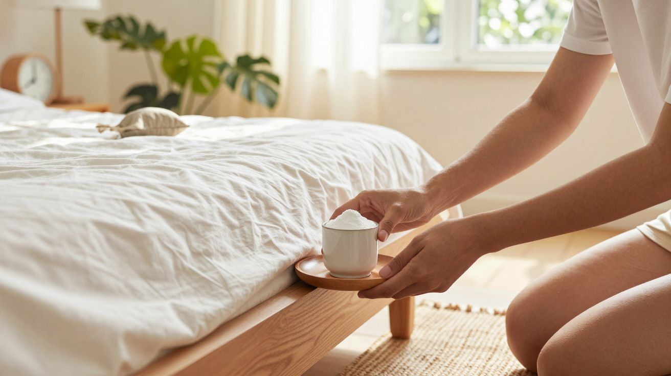 Person stellt eine Tasse Kaffee auf ein Tablett neben ein Bett im hellen, gemütlichen Schlafzimmer.