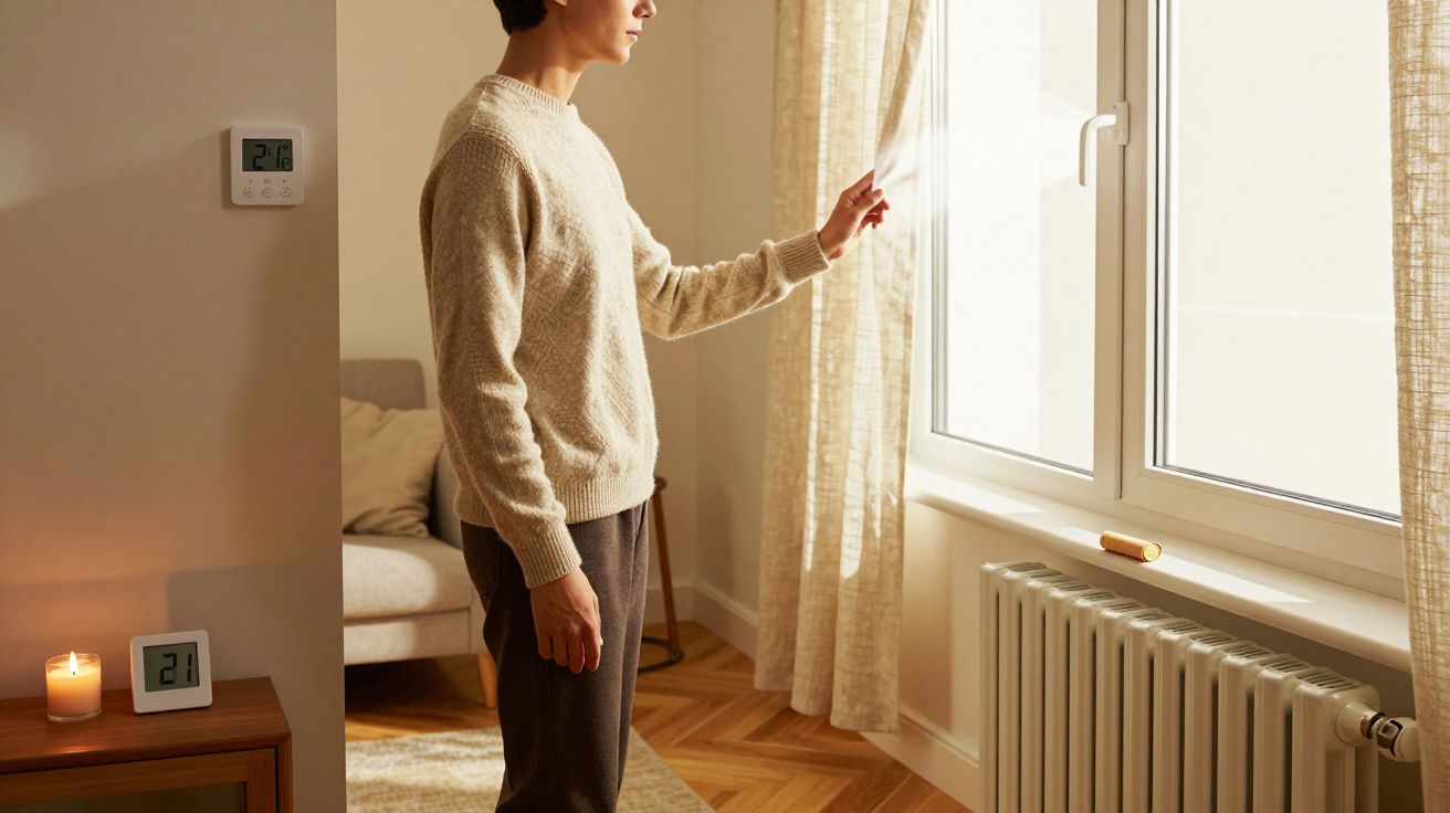 Person öffnet Vorhang am Fenster, Tageslicht strömt in den Raum. Raumtemperatur 21°C laut Thermostat an der Wand.