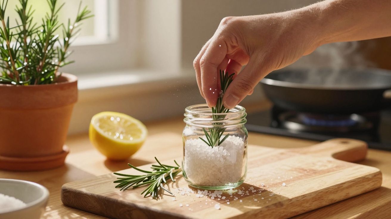Hand legt Rosmarinzweig in Glas mit grobem Salz, daneben Zitrone und Rosmarintopf auf Holzbrett in sonniger Küche.
