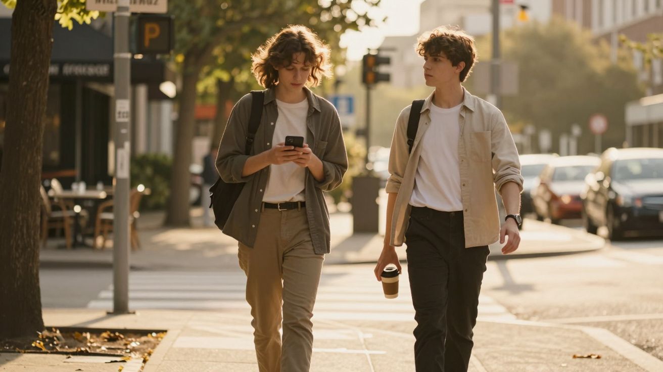 Zwei junge Männer gehen bei Sonnenuntergang eine Stadtstraße entlang, einer schaut auf sein Handy, der andere hält einen Kaff