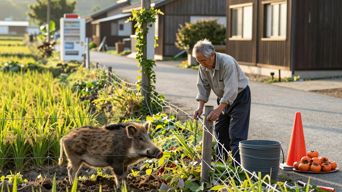 Ein älterer Mann befestigt einen Zaun neben einem Wildschwein auf einem Feldweg.