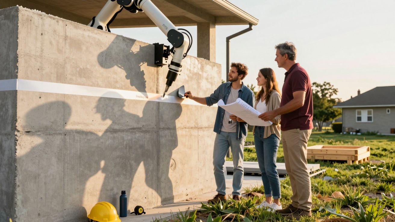 Drei Personen beobachten einen Roboterarm, der Baupläne auf eine Betonwand projiziert. Baulandschaft im Hintergrund.