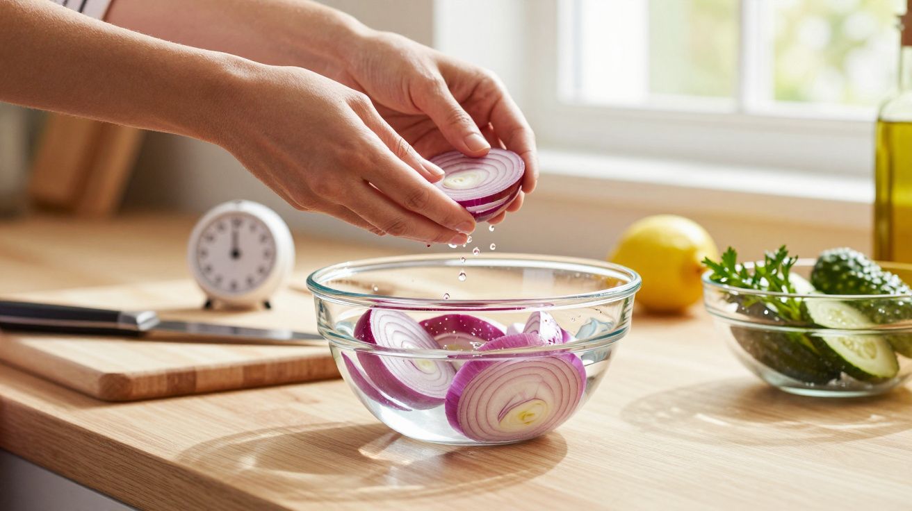 Hände legen geschnittene rote Zwiebeln in eine Schüssel Wasser auf einer Küchenarbeitsplatte. Hintergrund Zitrone, Gurken.