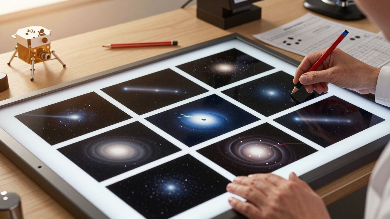 Person betrachtet auf einem Leuchttisch neun Bilder von Galaxien und Himmelsobjekten, Bleistift in der Hand.