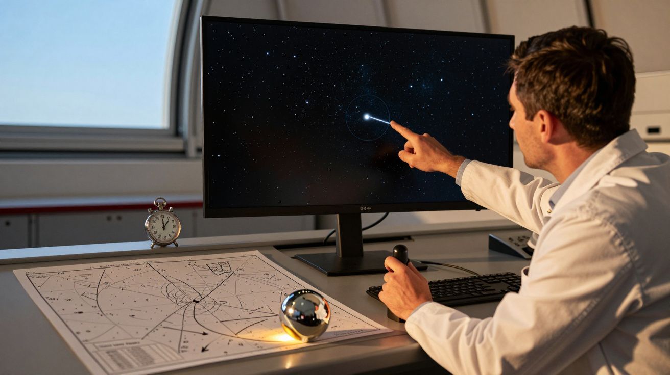 Wissenschaftler zeigt auf Sternenhimmel auf einem Monitor, Sternenkarte und Uhr auf dem Tisch.