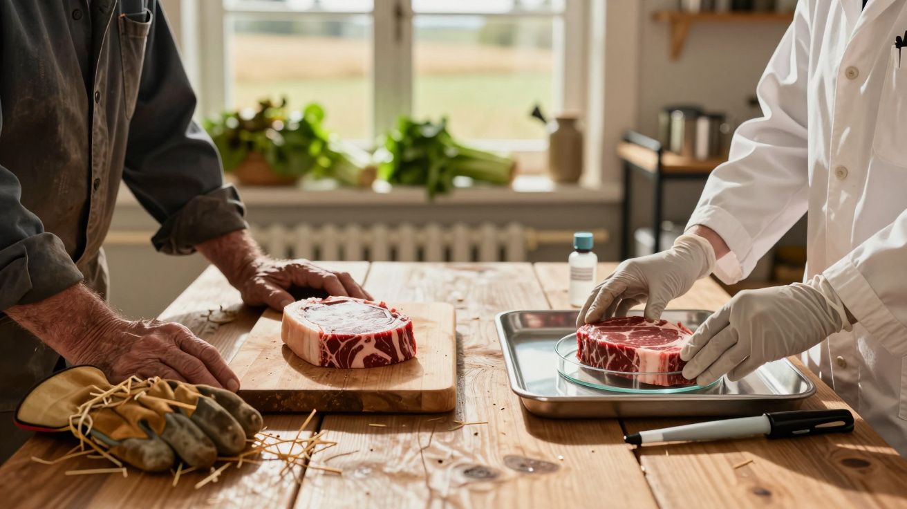 Zwei Personen bereiten Fleischstücke auf Holztisch zu, eine mit Handschuhen, mit Küchenutensilien im Hintergrund.