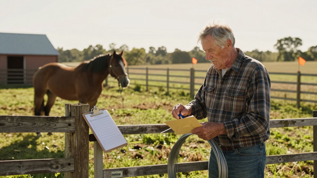 Älterer Mann im karierten Hemd macht Notizen neben einem Pferd auf einer Koppel bei Tageslicht.